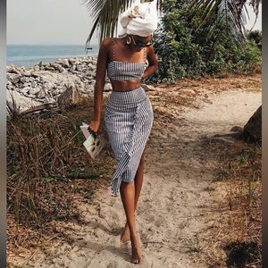 Lulus Down by the Bay Navy white striped skirt cropped seersucker set size xs